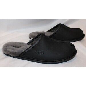 NIB UGG Men's Scuff Suede Shearling Lined Slippers Black Leather